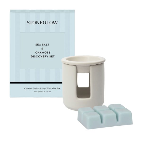 Sea Salt & Oakmoss Ceramic Wax Melter & Soy Wax Melt Bar Discovery Set